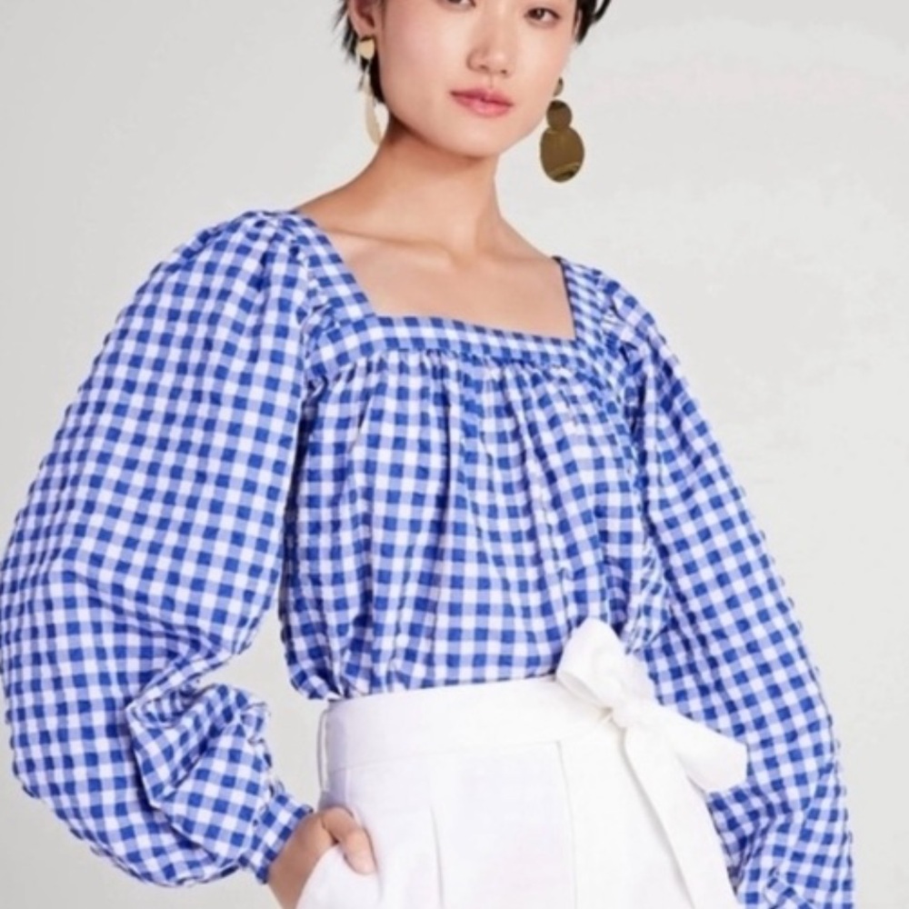 Kate Spade Blue and White Gingham Blouse with statement sleeves size medium 💙